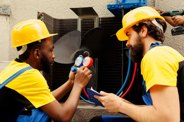 meticulous-wiremen-expertly-refilling-freon-external-air-conditioner-while-using-manifold-measurement-device-closely-measure-pressure-hvac-system-ensuring-perfect-cooling-performan